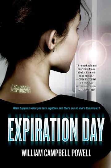 Expiration Day cover image, a young girl facing away. On ther back of here neck an expiry date, barcode and serial number glow.